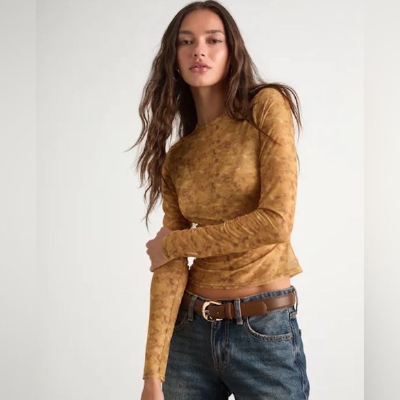 Sheer Mesh Long Sleeve Top Burnt Yellow Abstract Design Yumi by Lulus - NWT - Picture 3 of 6